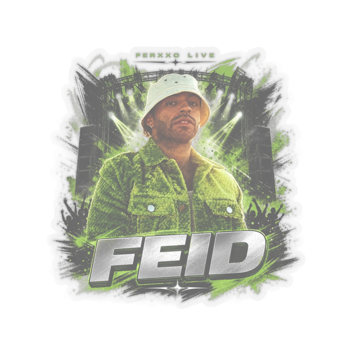 Feid " in bold sans-serif at the bottom. " Sticker - alternate angle 1, merchandise
