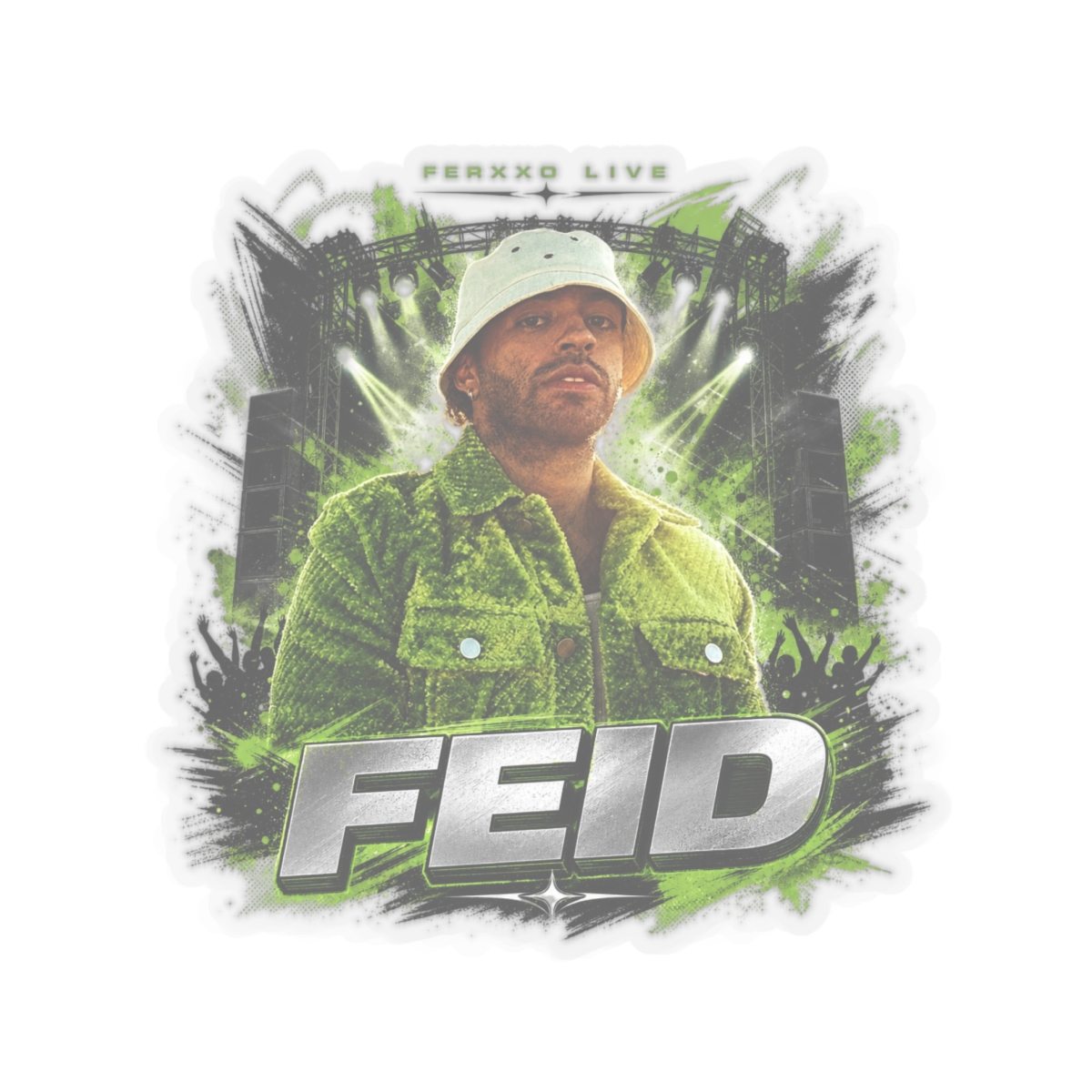 Feid " in bold sans-serif at the bottom. " Sticker - alternate angle 2, merchandise