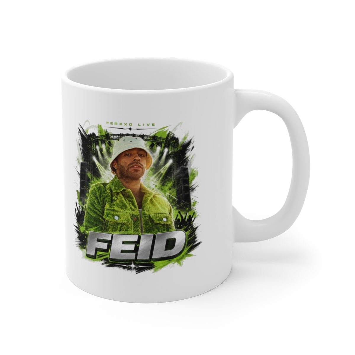 Feid " in bold sans-serif at the bottom. " White Mug