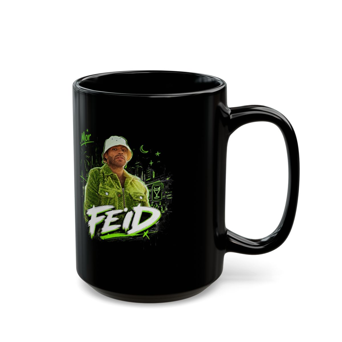 Feid " in bold handwritten font across the bottom. " Black Mug - alternate angle 5, merchandise