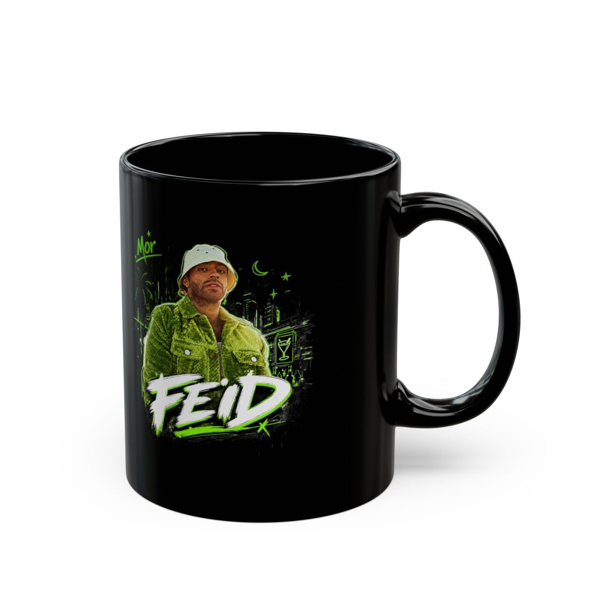 Feid " in bold handwritten font across the bottom. " Black Mug